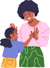 Colorful illustration of woman with afro and large earrings high fiving a young child with dreads