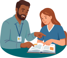 Image of teacher and teen consulting a book